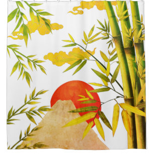 Oriental Japanese Mountain Sunrise With Bamboo Shower Curtain