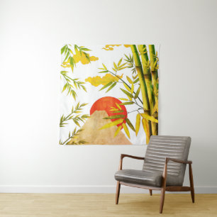 Oriental Japanese Mountain Sunrise With Bamboo Tapestry