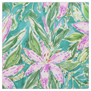 ORIENTAL LILY Pink Aqua Stargazer Tropical Floral Fabric