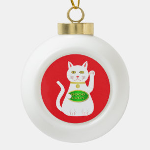 Oriental Lucky Cat Ceramic Ball Christmas Ornament