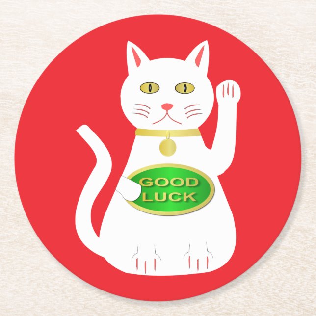 Oriental Lucky Cat Chinese New Year Round Paper Coaster (Front)