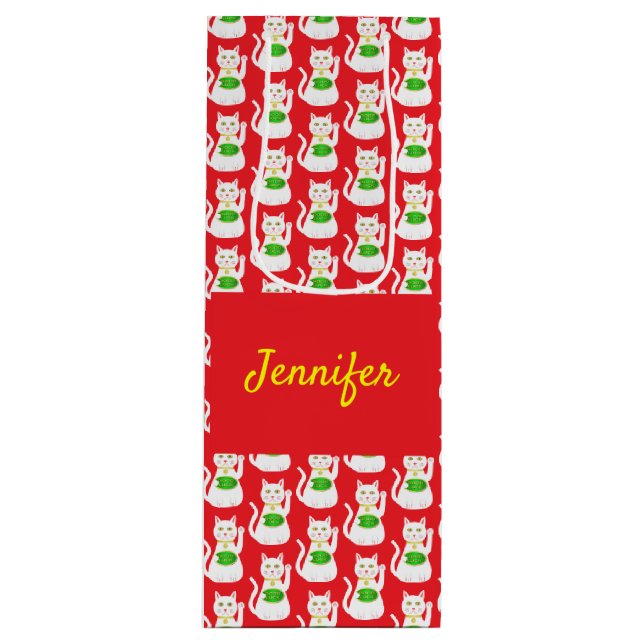 Oriental Lucky Cat Custom Name Wine Gift Bag (Front)