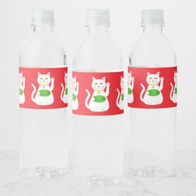 Oriental Lucky Cat Patterned Water Bottle Label (Bottles)