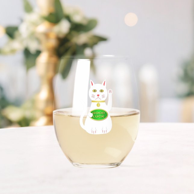 Oriental Lucky Cat Stemless Wine Glass (Insitu (Wedding))