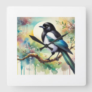 Oriental Magpie 310724AREF130 - Watercolor Square Wall Clock