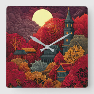 Oriental Moonlit Landscape Wall Clock – Red Autumn