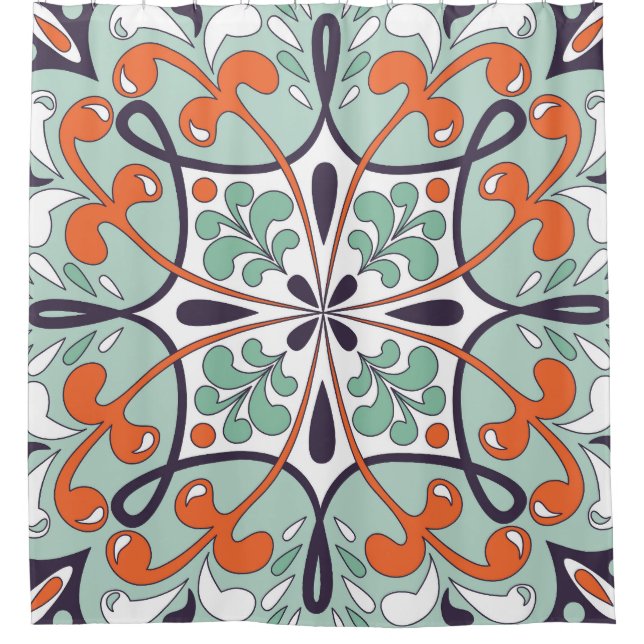 Oriental Moroccan Tile Floral Design Shower Curtain (Front)