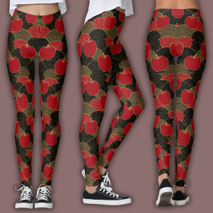Oriental Mosaic Pattern   Red Apple & Gold Fans Leggings