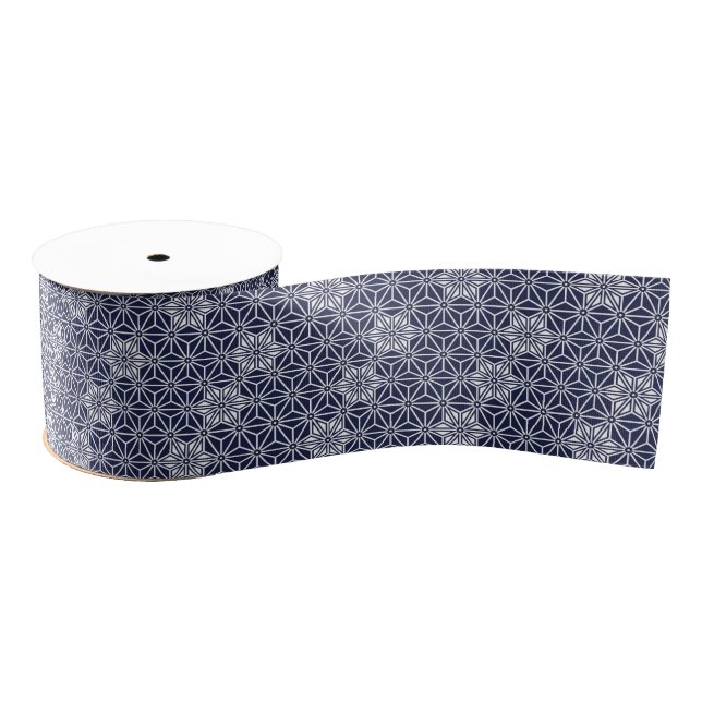 Oriental Navy Blue Star Asanoha Japan Pattern Grosgrain Ribbon (Spool)