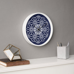 Oriental Navy Blue White Asanoha Japan Pattern Clock