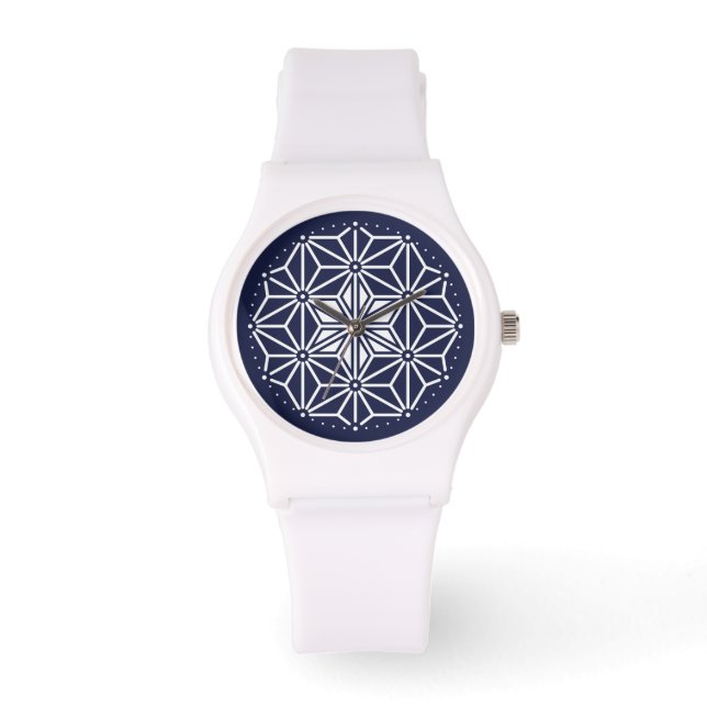 Oriental Navy Blue White Asanoha Japan Pattern Watch (Front)
