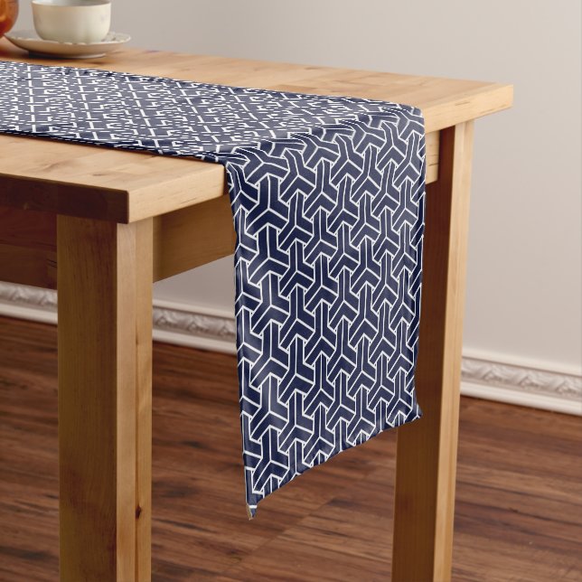 Oriental Navy Blue White Japan Bishamon Pattern Short Table Runner (In Situ)