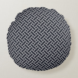Oriental Navy Blue White Japan Weaving Pattern Round Cushion
