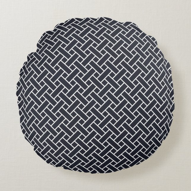 Oriental Navy Blue White Japan Weaving Pattern Round Cushion (Front)