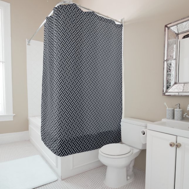 Oriental Navy Blue White Japan Weaving Pattern Shower Curtain (In Situ)