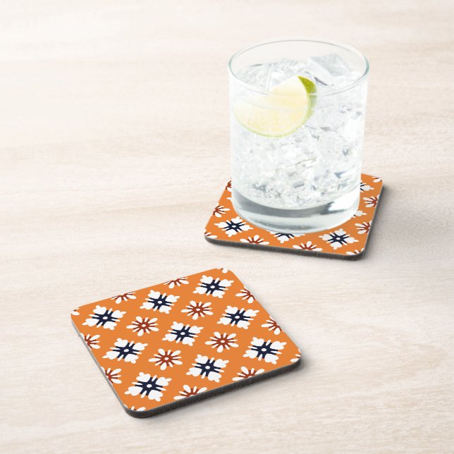 Oriental Orange White Red Katazome Flowers Pattern Coaster (Right Side)