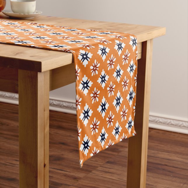 Oriental Orange White Red Katazome Flowers Pattern Short Table Runner (In Situ)