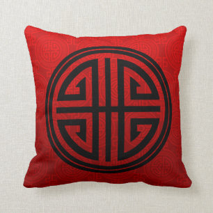 Oriental Ornamental Long Life Symbol   red black Cushion