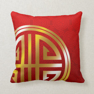Oriental Ornamental Long Life Symbol   red gold Cushion