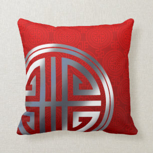 Oriental Ornamental Long Life Symbol   red silver Cushion