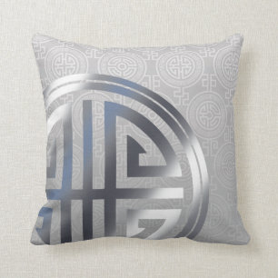 Oriental Ornamental Long Life Symbol silver grey Cushion