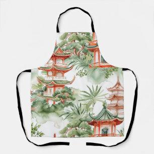 Oriental Pagoda Garden Sage Watercolor Apron