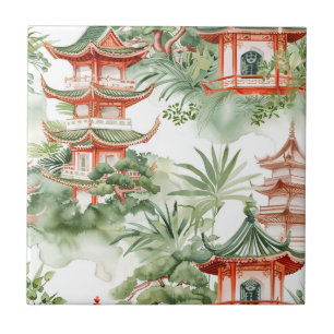 Oriental Pagoda Garden Sage Watercolor Ceramic Tile