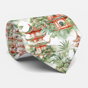 Oriental Pagoda Garden Sage Watercolor Tie