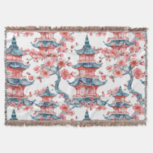 Oriental Pagoda Sakura Blossom Red Art Throw Blanket