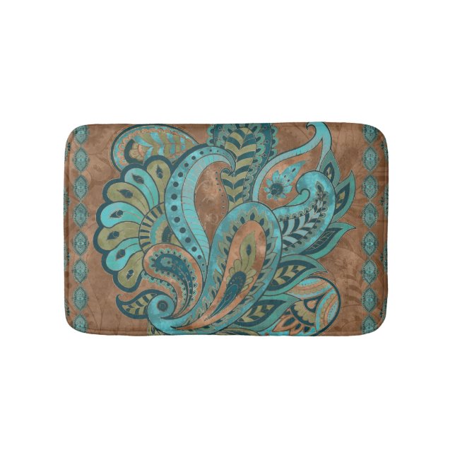 Oriental Paisley Pattern Watercolor and Gold Bath Mat (Front)