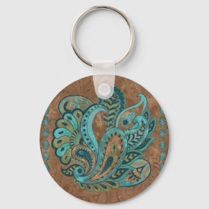 Oriental Paisley Pattern Watercolor and Gold Key Ring