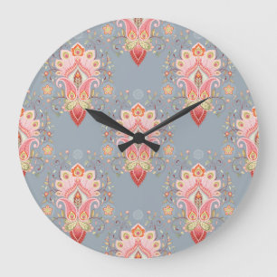 Oriental Paisley Peacock Feather Background Large Clock
