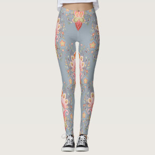 Oriental Paisley Peacock Feather Background Leggings