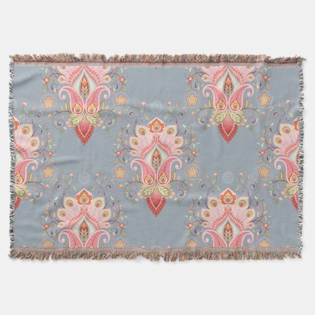 Oriental Paisley Peacock Feather Background Throw Blanket (Front)