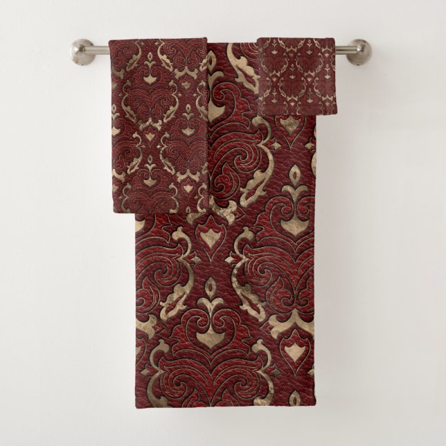 Oriental Pattern - Red Leather and gold Bath Towel Set (Insitu)