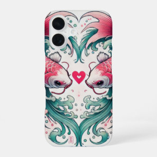 Oriental pink and teal love heart koi tattoo  iPhone 16 case