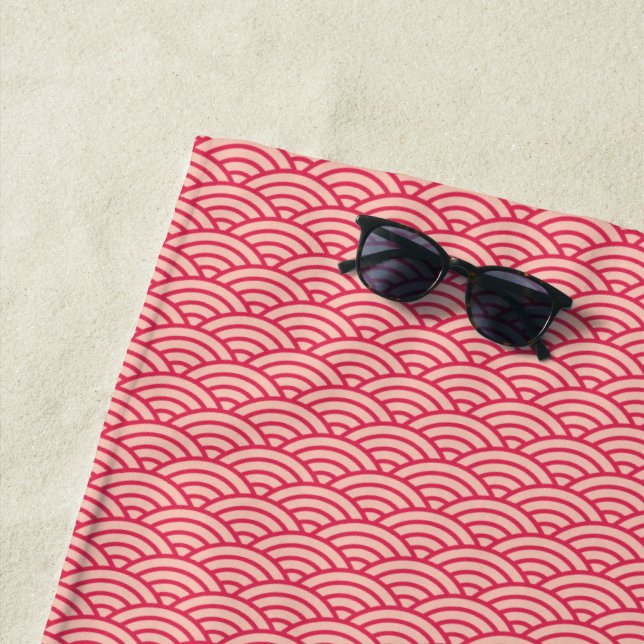 Oriental Pink Sakura Koinobori Fish Scale Pattern Beach Towel (In Situ)