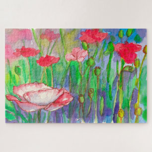 Oriental Poppy Flower Garden Watercolor Painting Jigsaw Puzzle
