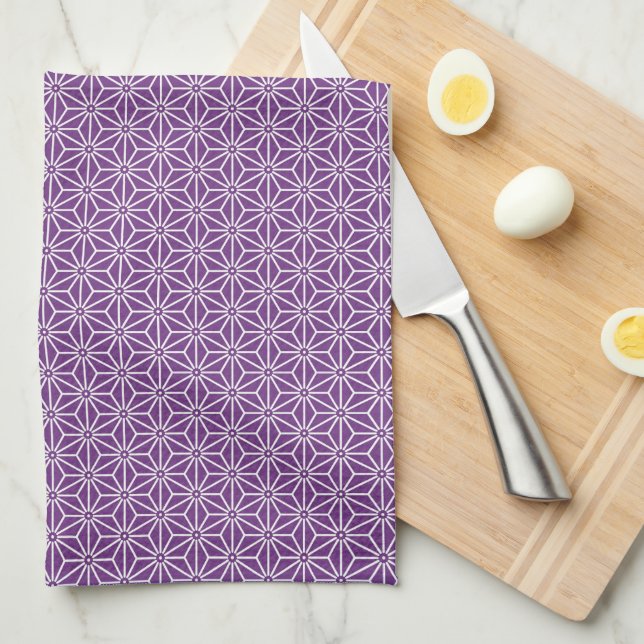 Oriental Purple Ayame Asanoha Japan Pattern Tea Towel (Quarter Fold)