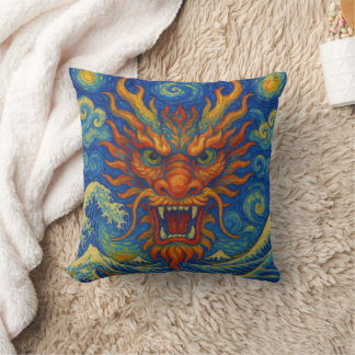 Oriental red dragon starry night Kanagawa waves  Cushion