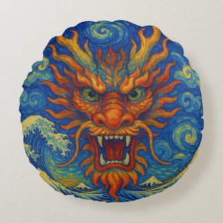 Oriental red dragon starry night Kanagawa waves  Round Cushion