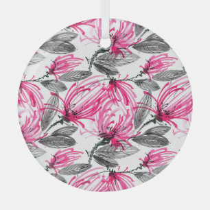 Oriental Red Flower: Watercolor Pattern. Glass Tree Decoration