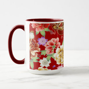 Oriental Red Gold Pink Modern Floral Mug