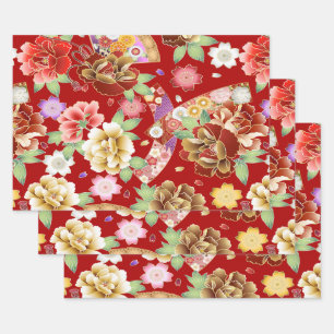 Oriental Red Gold Pink Modern Floral Wrapping Paper Sheet