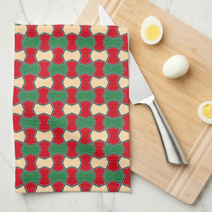 Oriental Red Green Bow Tie Geometric Pattern Tea Towel