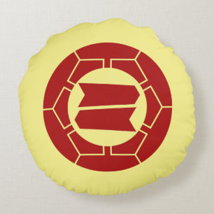 Oriental Red Light Yellow Japan Hattori Kamon Art Round Cushion