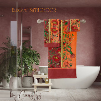 Oriental Red Rust Orange Florals  Bath Towel Set