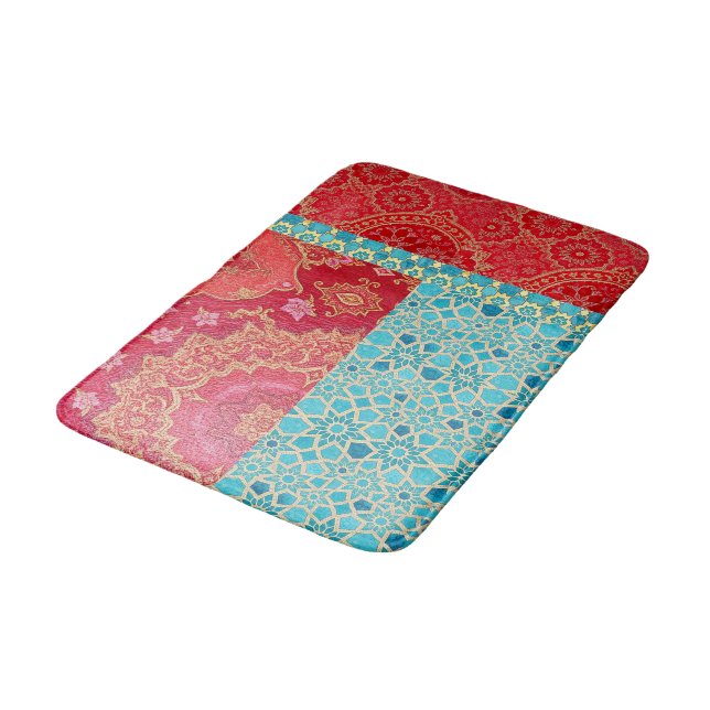 ORIENTAL Red Turquoise Pattern - Bath Mat Rug (Angled)