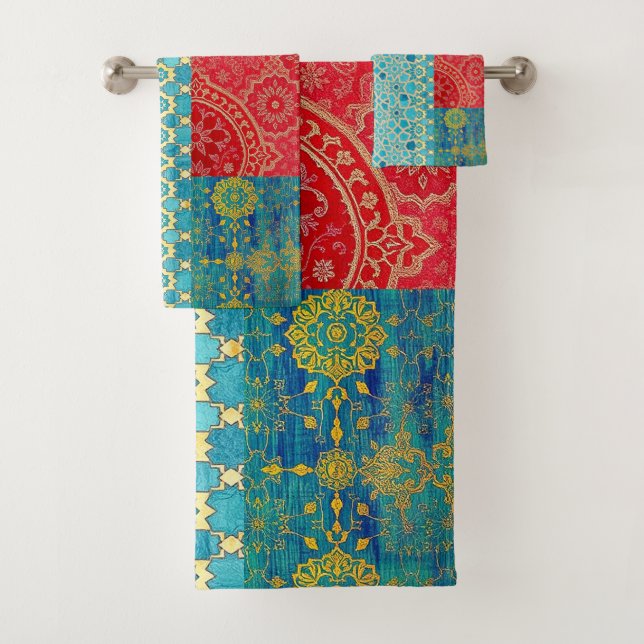 ORIENTAL Red Turquoise Pattern - Bath Towel Set (Insitu)