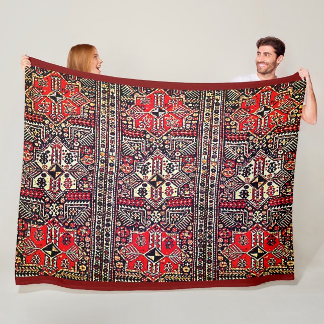 Oriental Red&White Geometric Tribal  Pattern Fleece Blanket (In Situ)